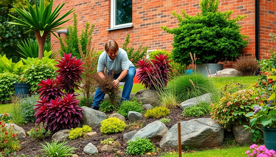 Gardener arranging plants on a sloped yard, showcasing low-maintenance garden ideas.