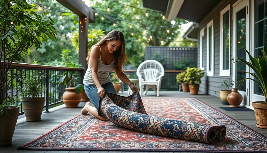 All-season outdoor room makeover with rug and greenery.