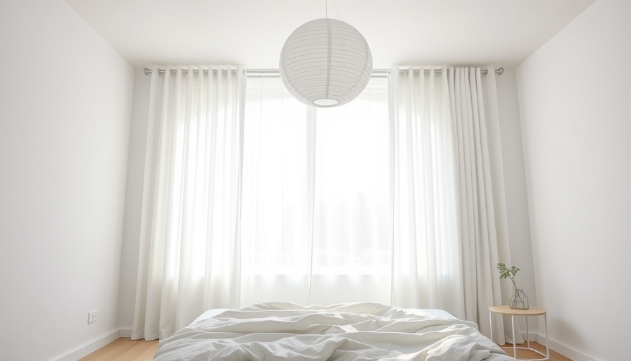 Minimalist bedroom before a DIY makeover with white curtains and lantern.