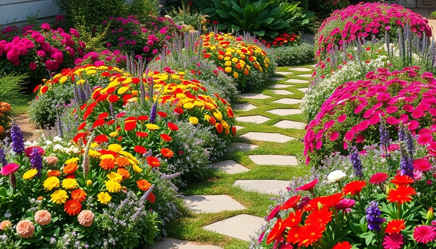 Colorful cottage garden ground covers with vibrant blooms over stone paths.