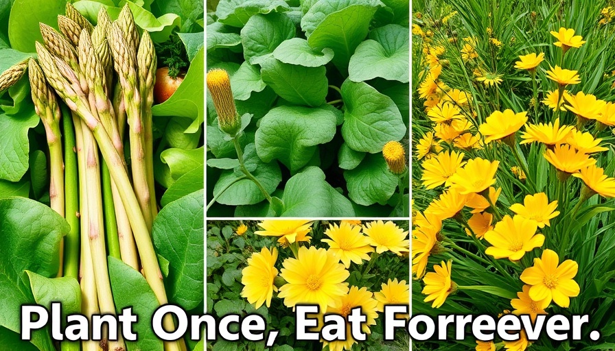 Vibrant collage of edible perennials in a garden setting, promoting 'Plant Once, Eat Forever'.