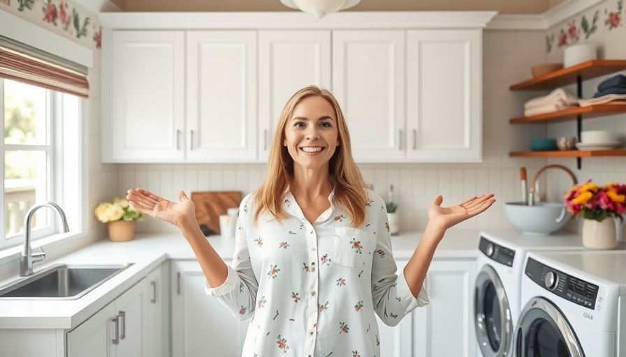 Modern laundry room makeover with cheerful presenter.