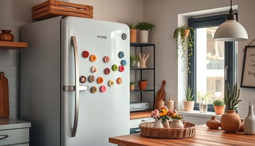 Modern kitchen with DIY clay fridge magnets on a white fridge.