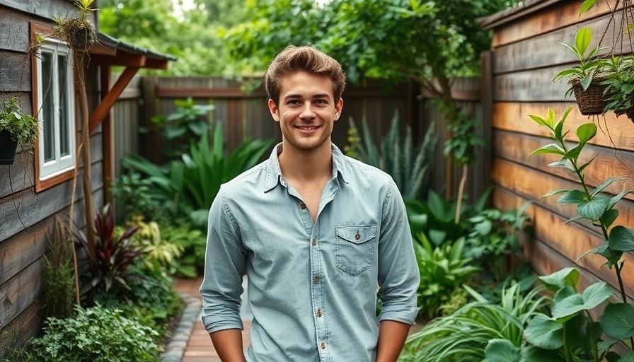 Budget-Friendly Backyard Transformation: Lush garden with young man.