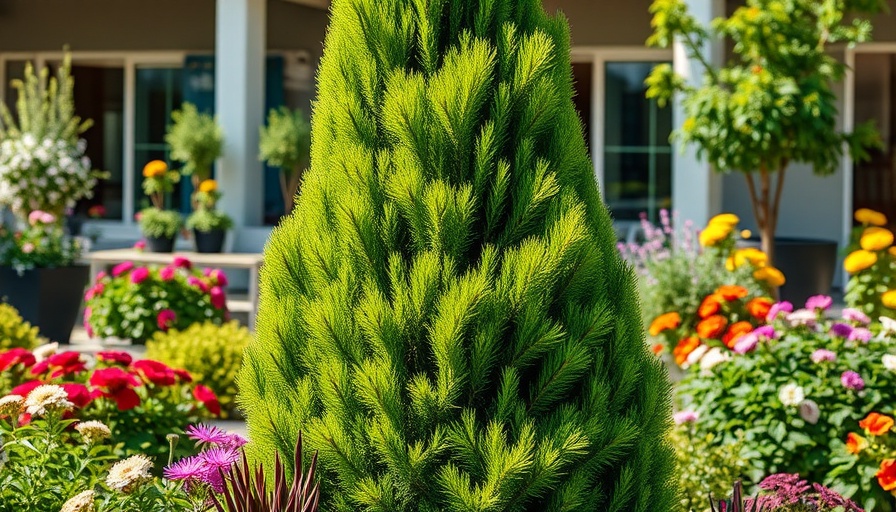 Lush green conifer tree in vibrant garden