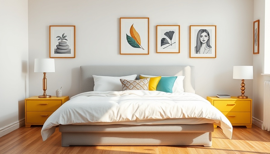 DIY lamp makeover in a modern bedroom with yellow nightstands.
