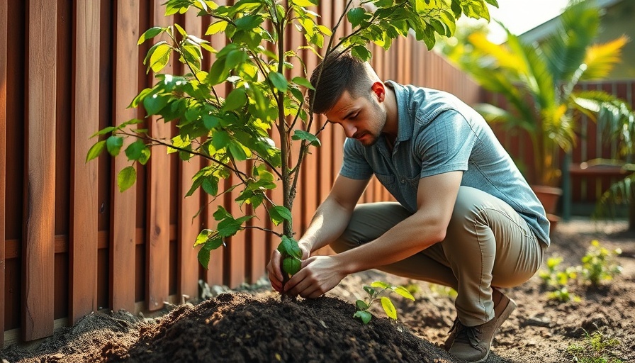 Young man planting tree in stunning garden makeover, vibrant and sunny.