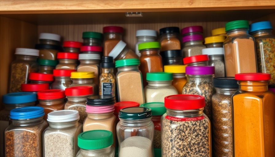 Assorted spice jars in a cabinet showcasing spice jar lid trick.