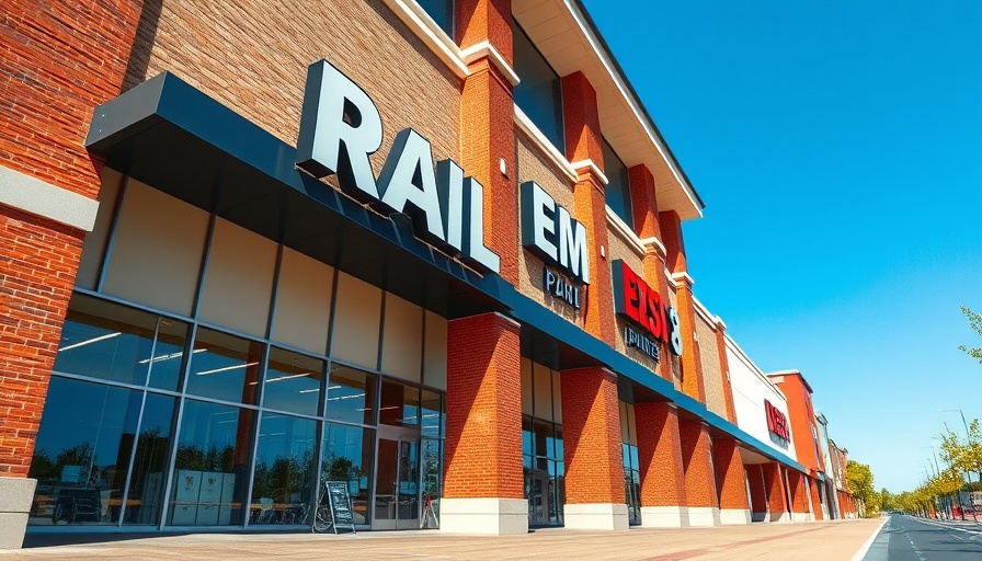 Retail store facade with bold signage under clear skies.