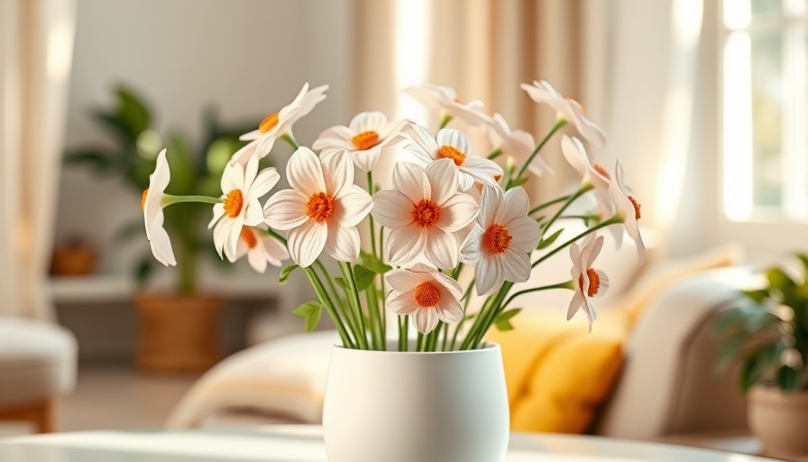 DIY paper flowers in a white pot in a sunlit room.
