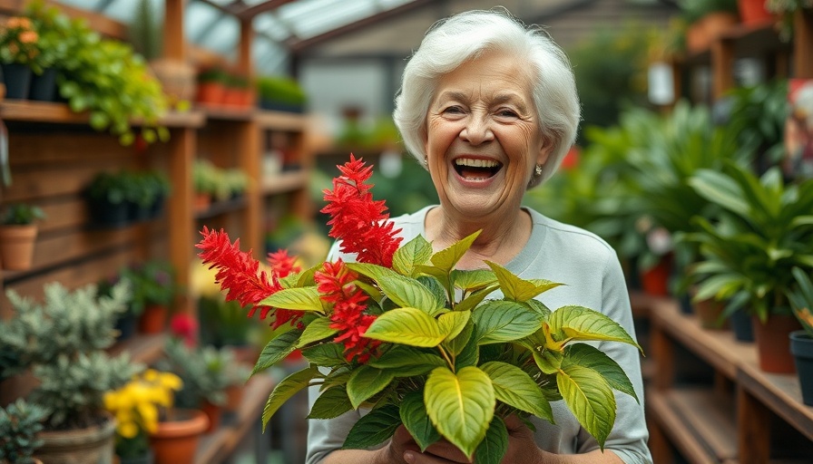 Joyful woman holding Firecracker Plant 'Vermillionaire' in garden center.