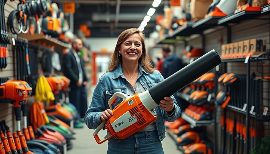 Joyful woman with STIHL blower in a garden tools store.