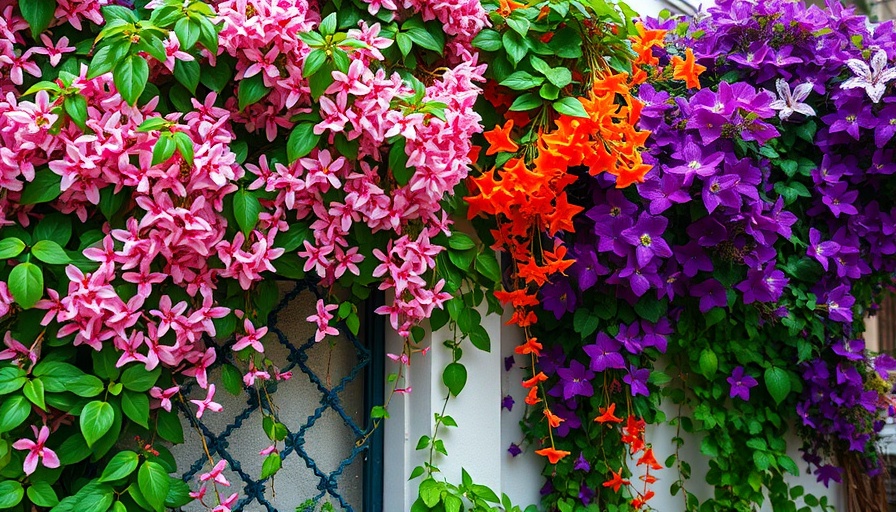 Vibrant climbing perennial vines in full bloom in urban gardens.