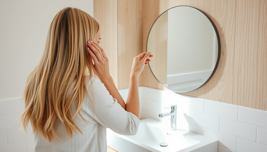 Blonde woman adjusts mirror in budget bathroom renovation setting.