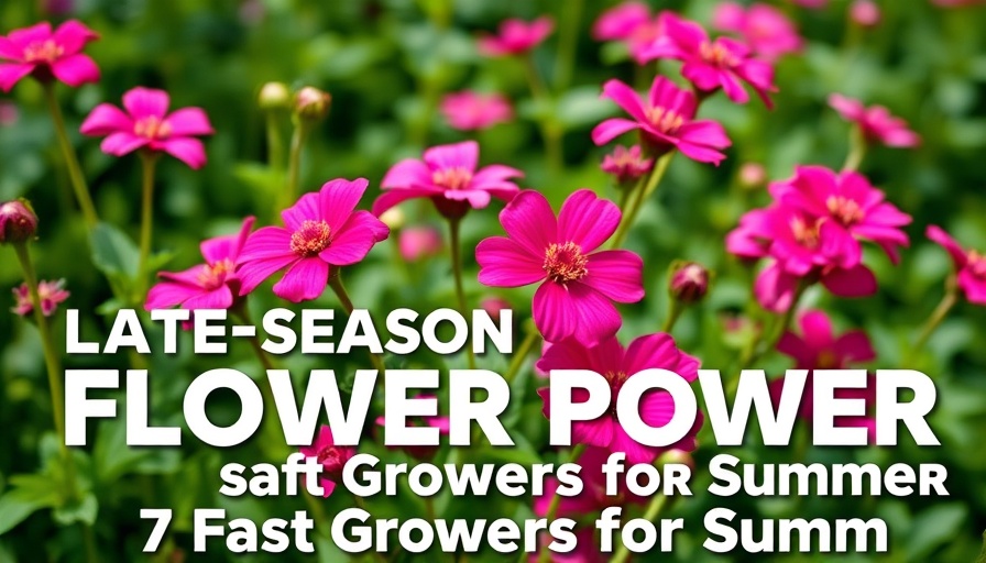 Vibrant garden with pink flowers and text overlay about fast-growing flowers.