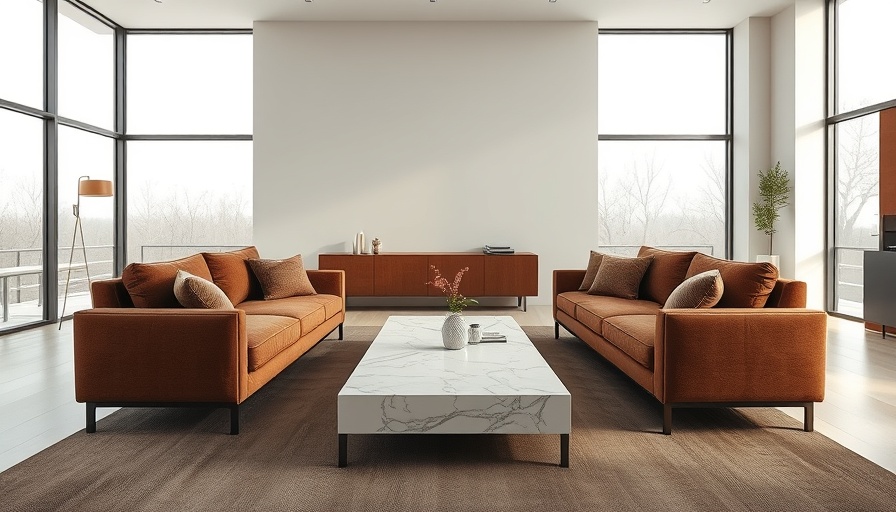 Elegant living room with affordable custom furniture, featuring brown sofas and marble table.