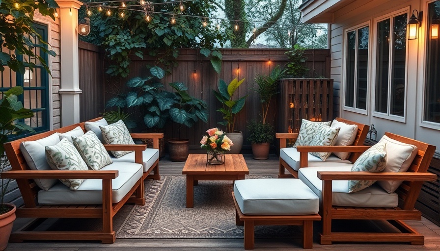 Affordable patio furniture set in a cozy backyard with cushions.