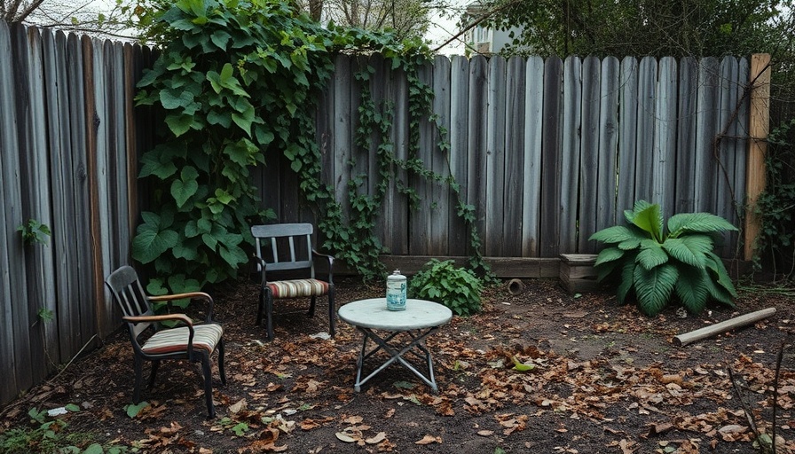 Overgrown backyard with old furniture, rustic transformation.