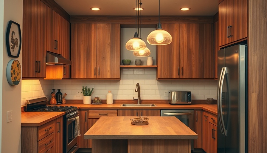 Warm kitchen with wooden cabinets and pendant lights in small space.
