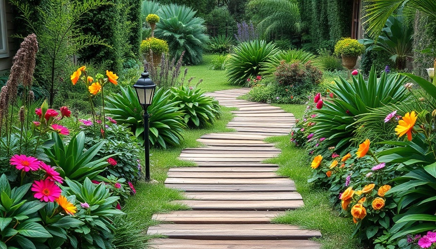 Rustic garden walkway with a wooden sleeper boardwalk in a lush garden setting.