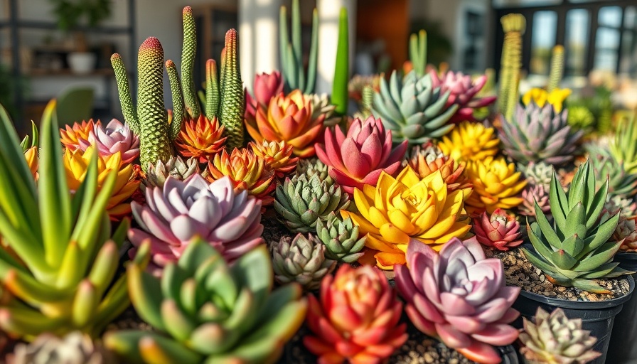 Assorted lucky succulents in stylish pots with labels.