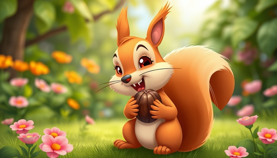 Animated squirrel in garden, referencing bird seed for urban gardens.