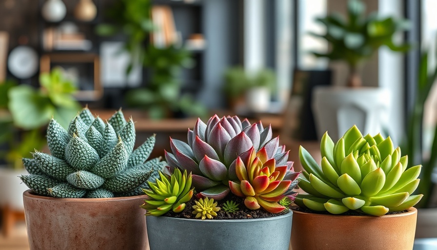 Three lucky succulents in stylish pots in a modern indoor setting.