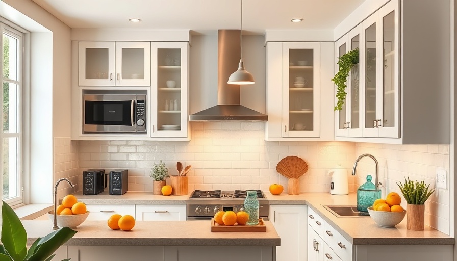 Modern kitchen with citrus print dish towels decor and teal accents.