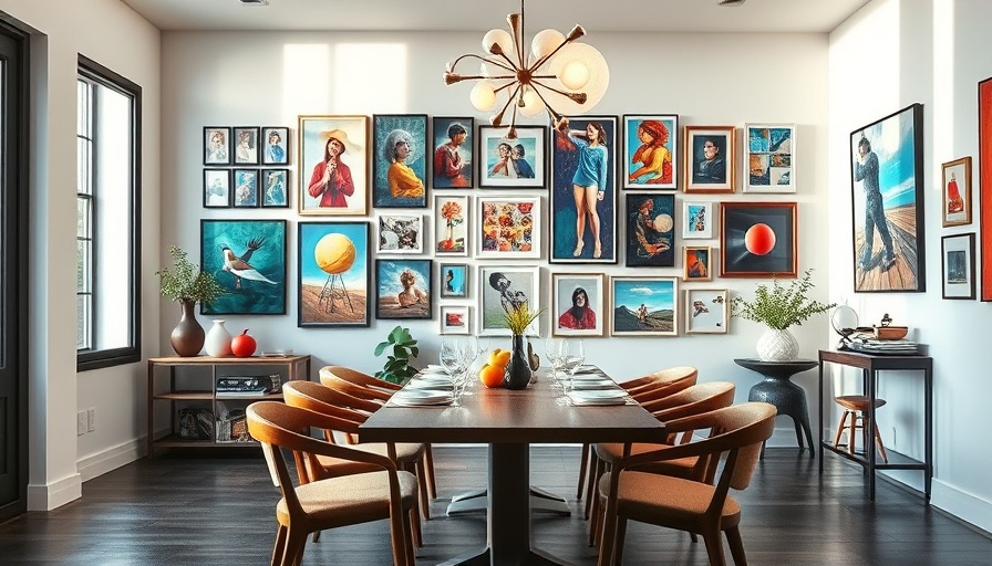 Contemporary dining room with eclectic picture wall and vibrant decor using toothpaste for hanging pictures.