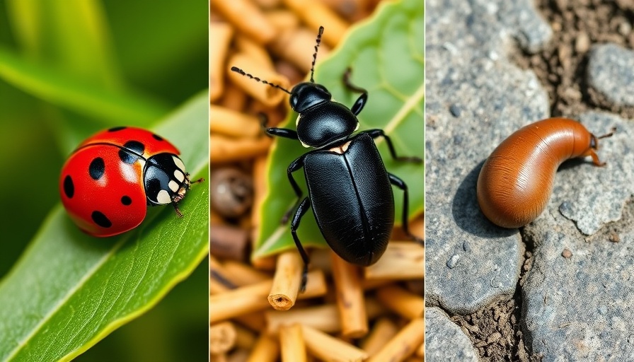 Vivid depiction of good garden bugs: ladybug, beetle, and slug.