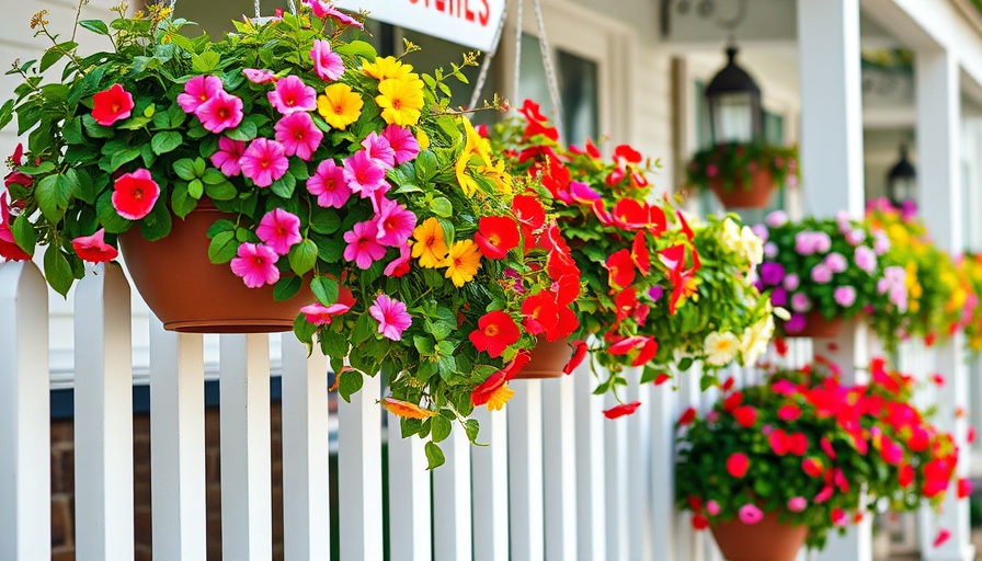Beautiful hanging baskets with colorful flowers and lush greenery.
