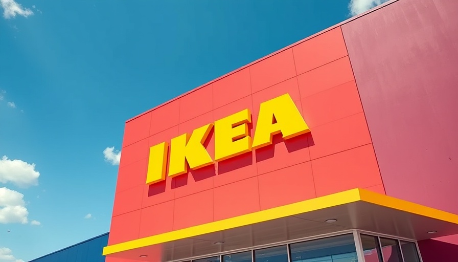 IKEA store with bold yellow logo against blue sky.