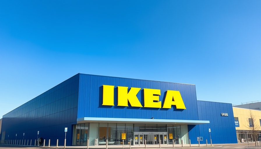 Bold yellow IKEA sign on blue storefront, clear sky.