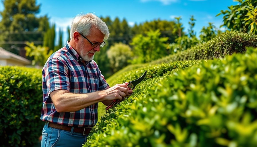 Middle-aged man trimming hedges in a lush backyard.