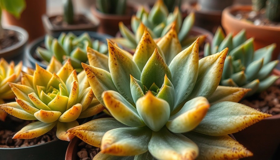 Various succulents with yellowing leaves in pots showing distress.