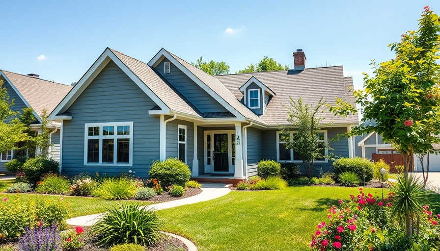 Charming suburban house showcasing 2025 siding trends with lush landscaping.