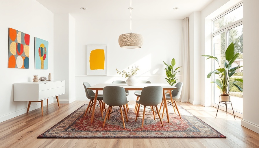 Modern dining room with colorful rug and decor, highlighting style.