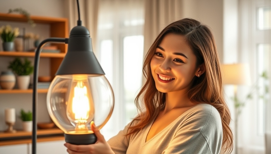 Young woman adjusts lamp on wood shelf in cozy room.