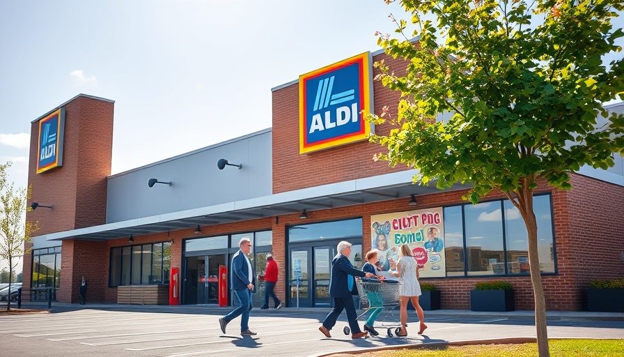 Modern Aldi supermarket facade, family entering store