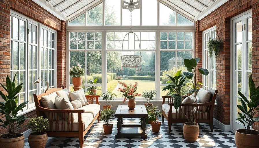 Greenhouse-inspired sunroom with plants and classic furniture.