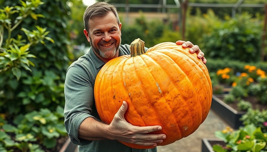 Man showcasing how to grow massive pumpkins in a vibrant garden.