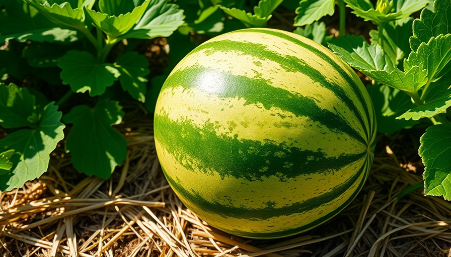 Ripe watermelon on straw mulch in sunlit garden, how to grow watermelons.