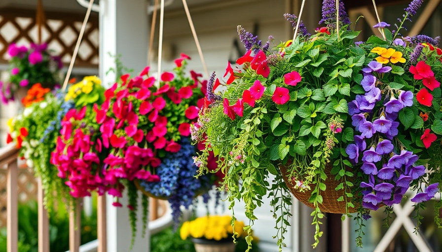 Colorful trailing perennials in hanging baskets on a porch, perfect for plant arrangements.