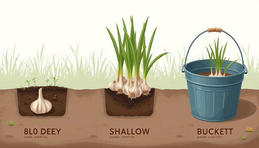 Illustration of garlic growing methods: deep, shallow, and bucket, for small spaces.