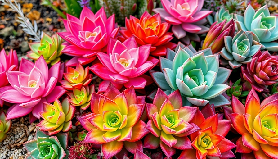 Vibrant color-changing succulents in diverse hues and shapes.