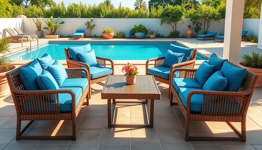 Modern patio furniture set in serene poolside setting, Amazon patio deals.
