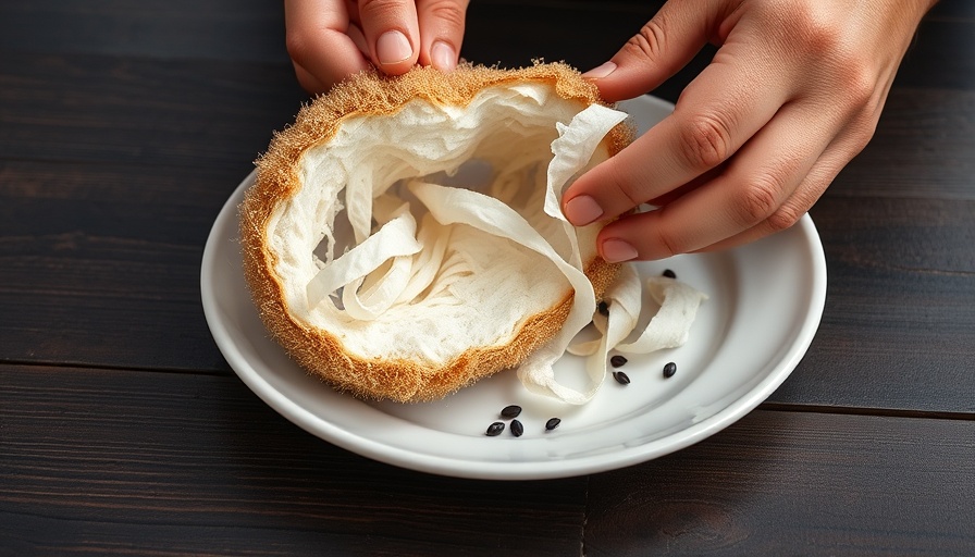 Close-up of peeling loofah sponge with black seeds, showcasing loofah growth.