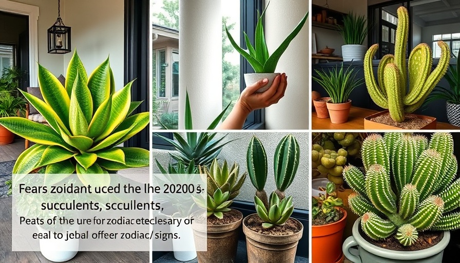 Different succulents linked to zodiac signs, displayed indoors and outdoors.