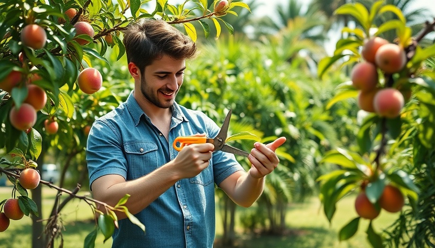 Young man demonstrating peach pruning techniques in a sunny garden.