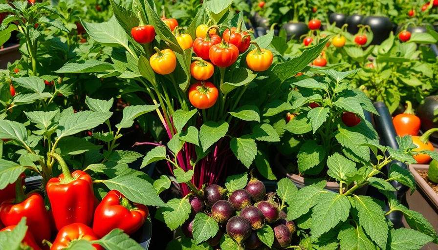 Vibrant potted vegetables including peppers and eggplants, best vegetables for pots.